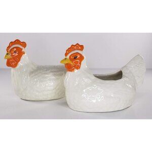 Chicken Hen Planter and Figurine Set of 2 White Ceramic Vintage